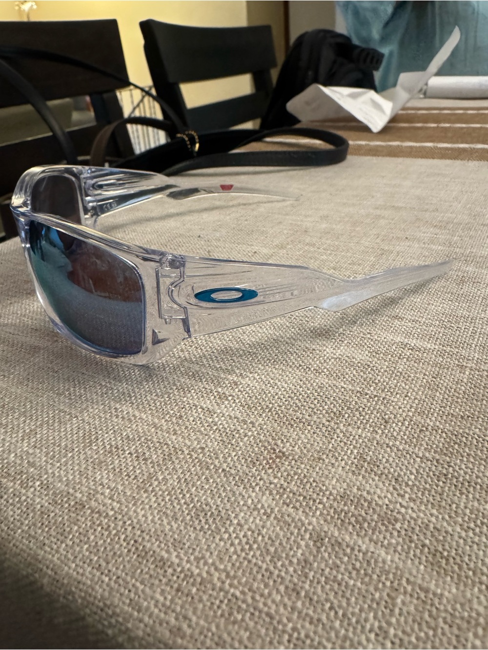 Oakley Clear Frame Sunglasses with Blue Lenses and Blue Logo